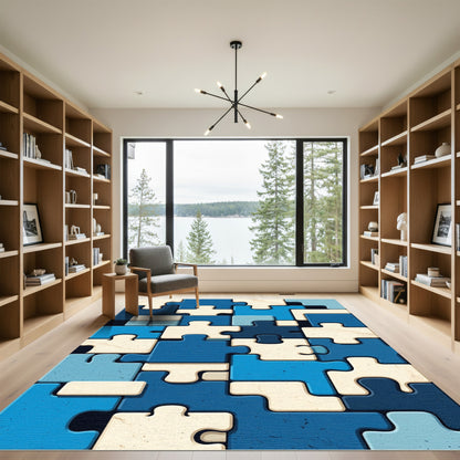 Blue and Cream Puzzle Pieces Rug