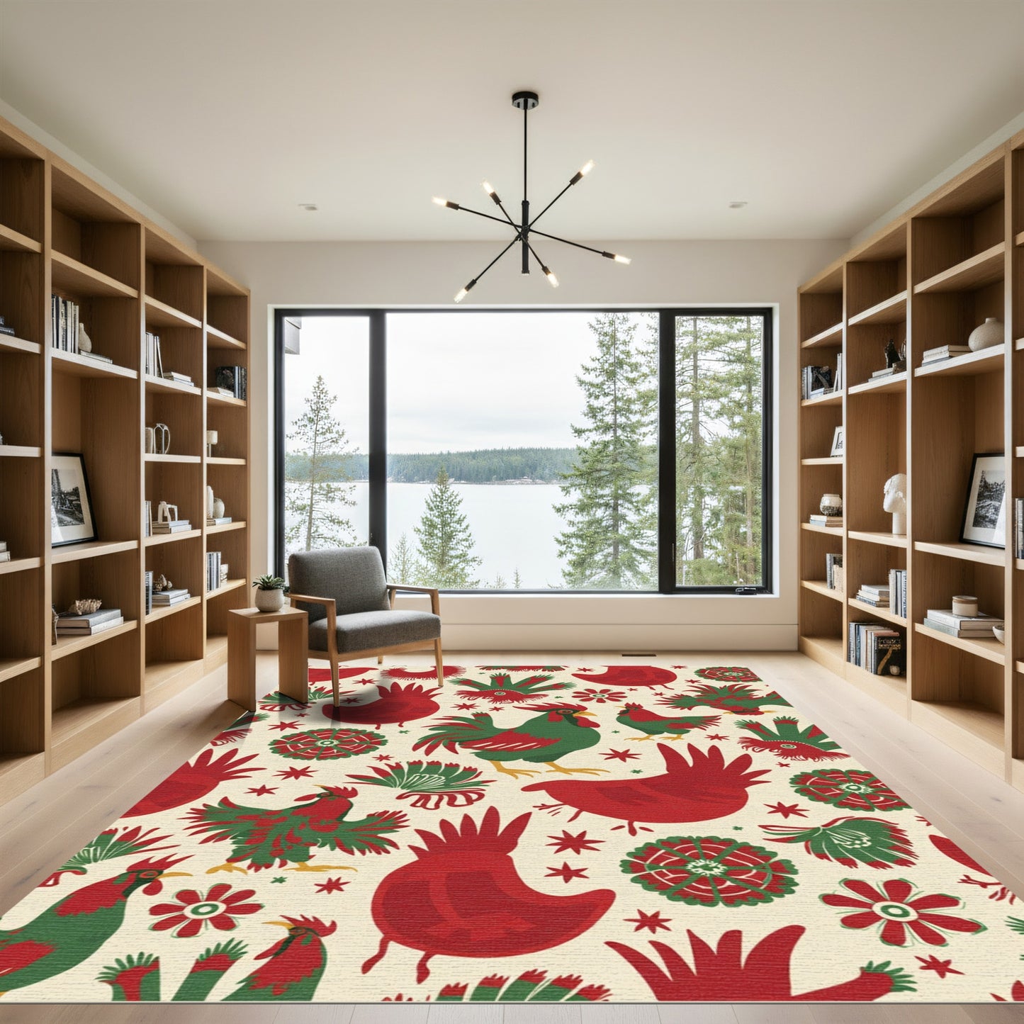 Folk Art Roosters Red Green Cream Rug