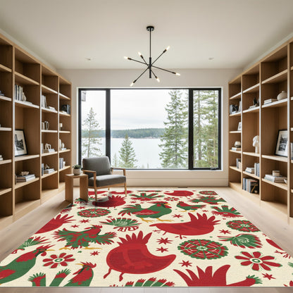 Folk Art Roosters Red Green Cream Rug