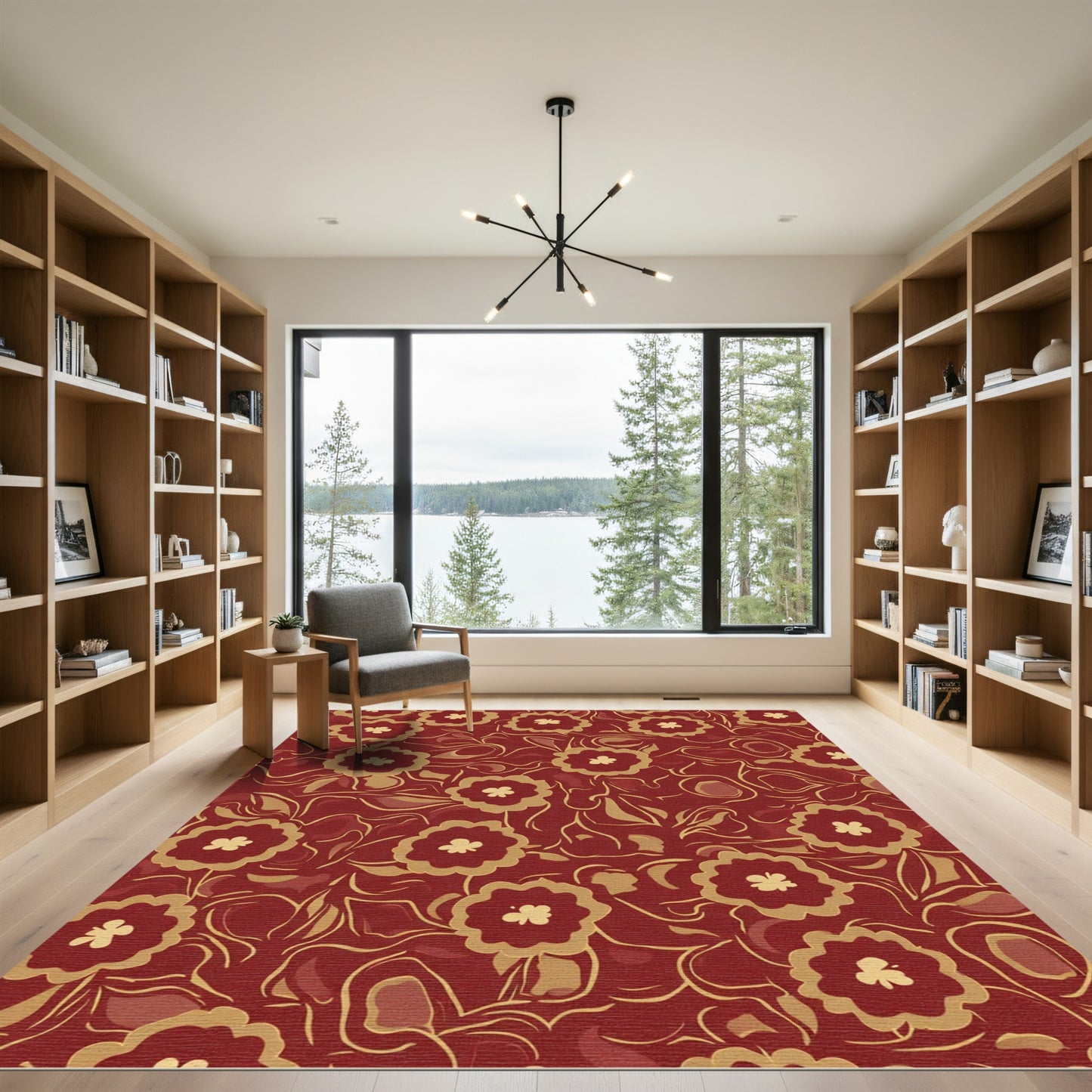 Crimson Golden Floral Vine Rug