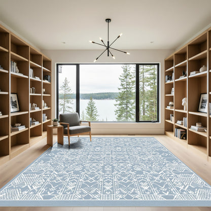 Cerulean White Geometric Tribal Medallion Rug