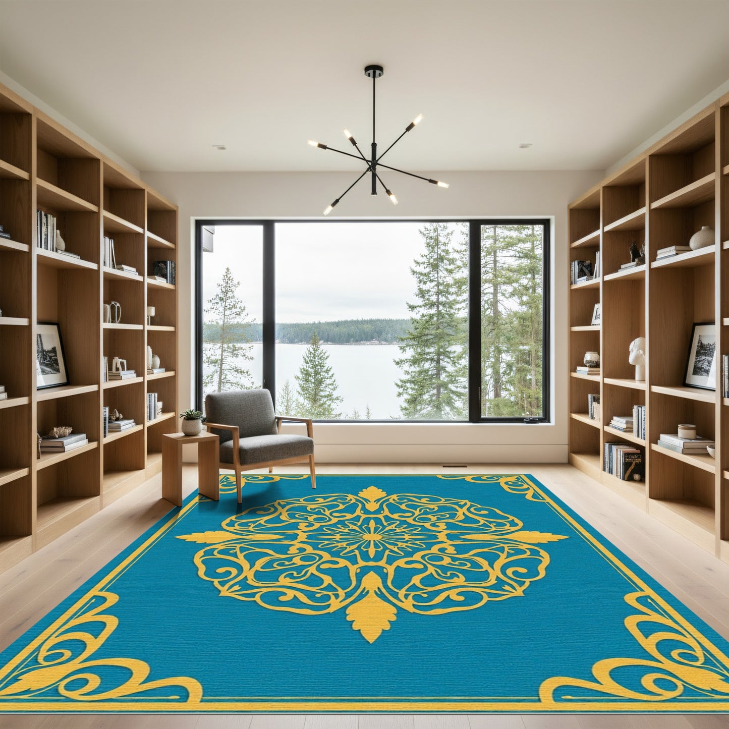 Teal Golden Ornate Mandala Rug