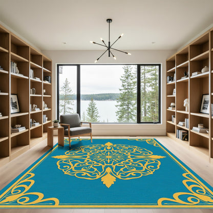 Teal Golden Ornate Mandala Rug