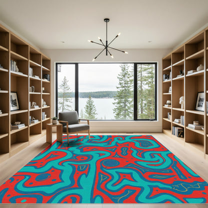 Crimson Teal Abstract Maze Rug