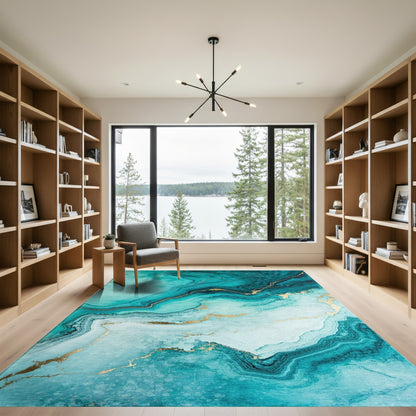 Teal Gold Veined Marble Rug