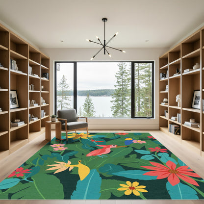 Red Pink Bird Tropical Jungle Flowers Rug