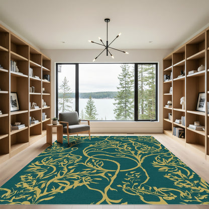 Teal Gold Vine Branches Swirls Rug