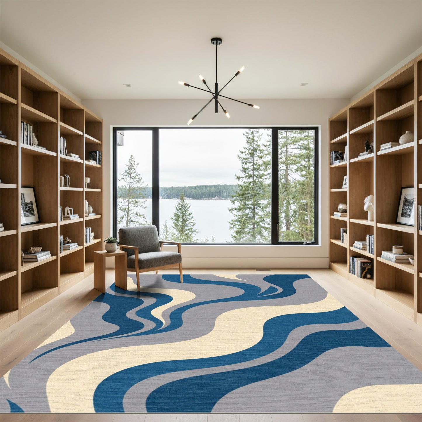 Deep Blue Cream Gray Waves Rug