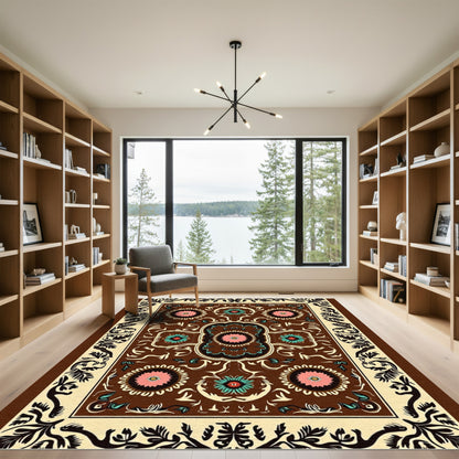 Brown Floral Medallion Cream Border Rug