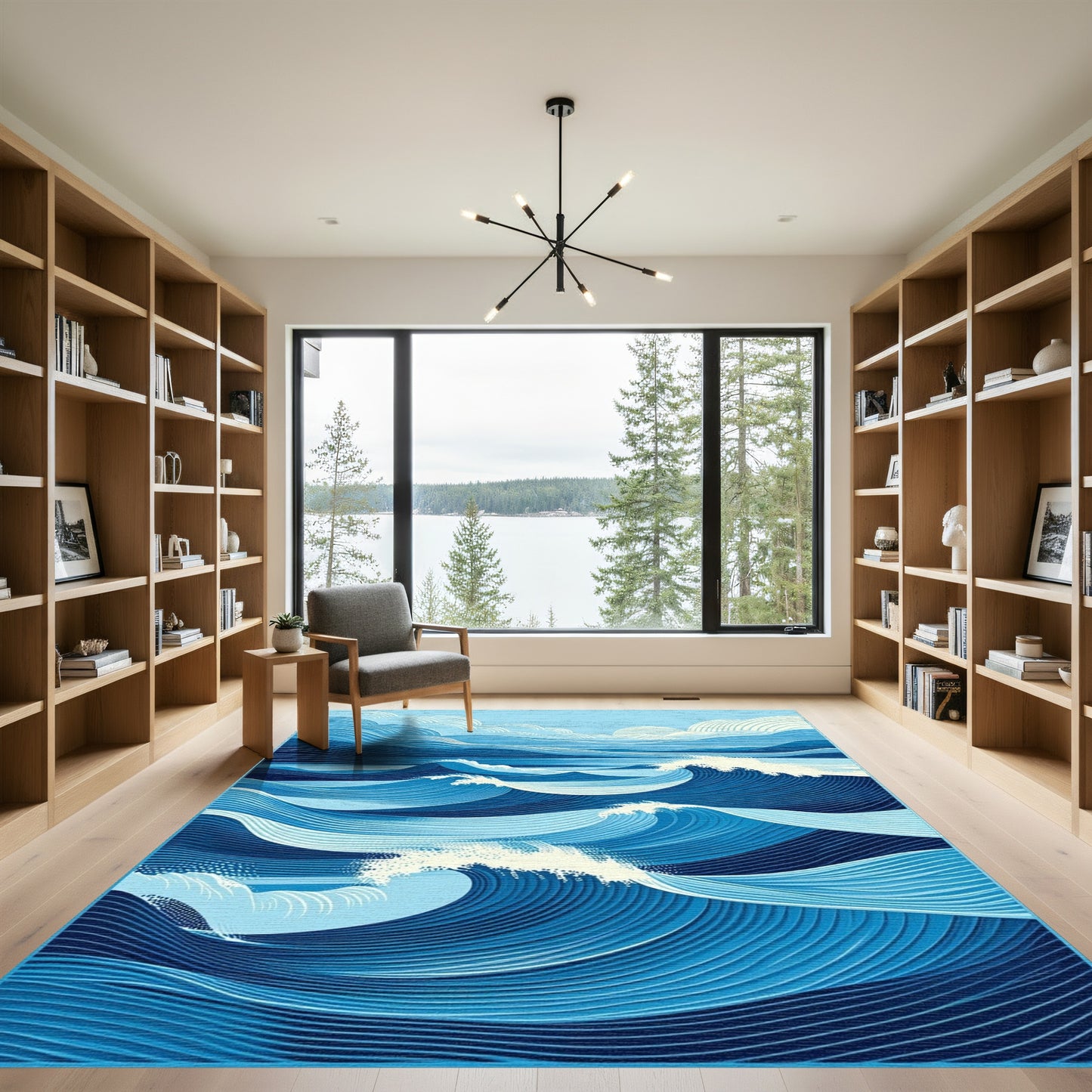 Blue Contoured Waves Clouds Rug