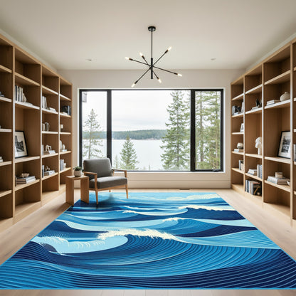 Blue Contoured Waves Clouds Rug