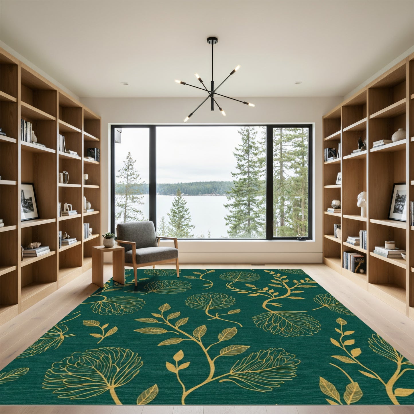 Emerald Golden Leafy Vine Art Rug