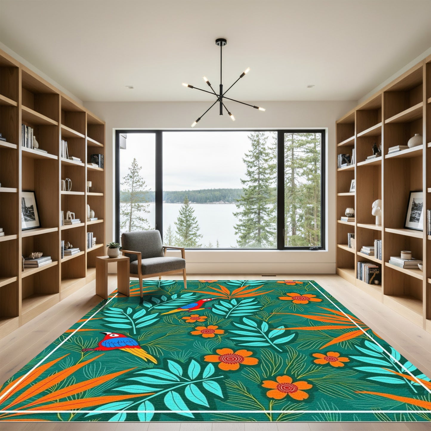 Tropical Parrots Orange Flower Foliage Rug