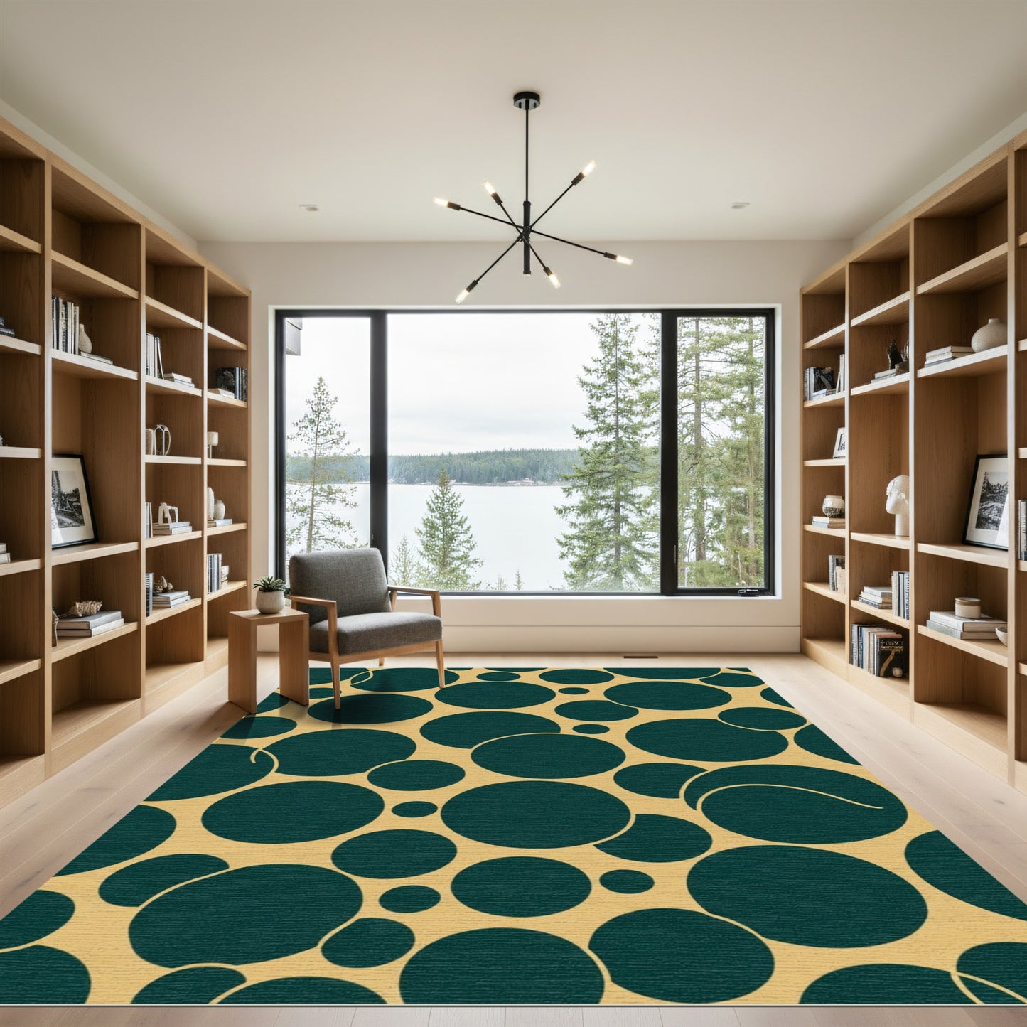 Deep Teal Circles Gold Abstract Rug