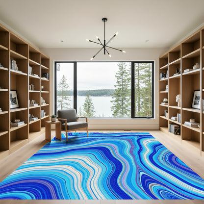 Blue Fluid Marble Swirl Rug