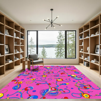 Whimsical Pink Blue Yellow Abstract Swirls Rug