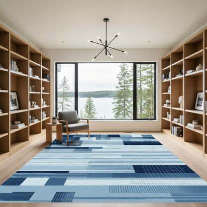 Indigo Blue Abstract Geometric Blocks Rug