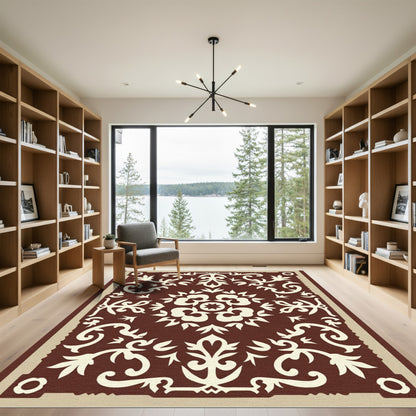 Rich Brown Floral Scroll Medallion Rug