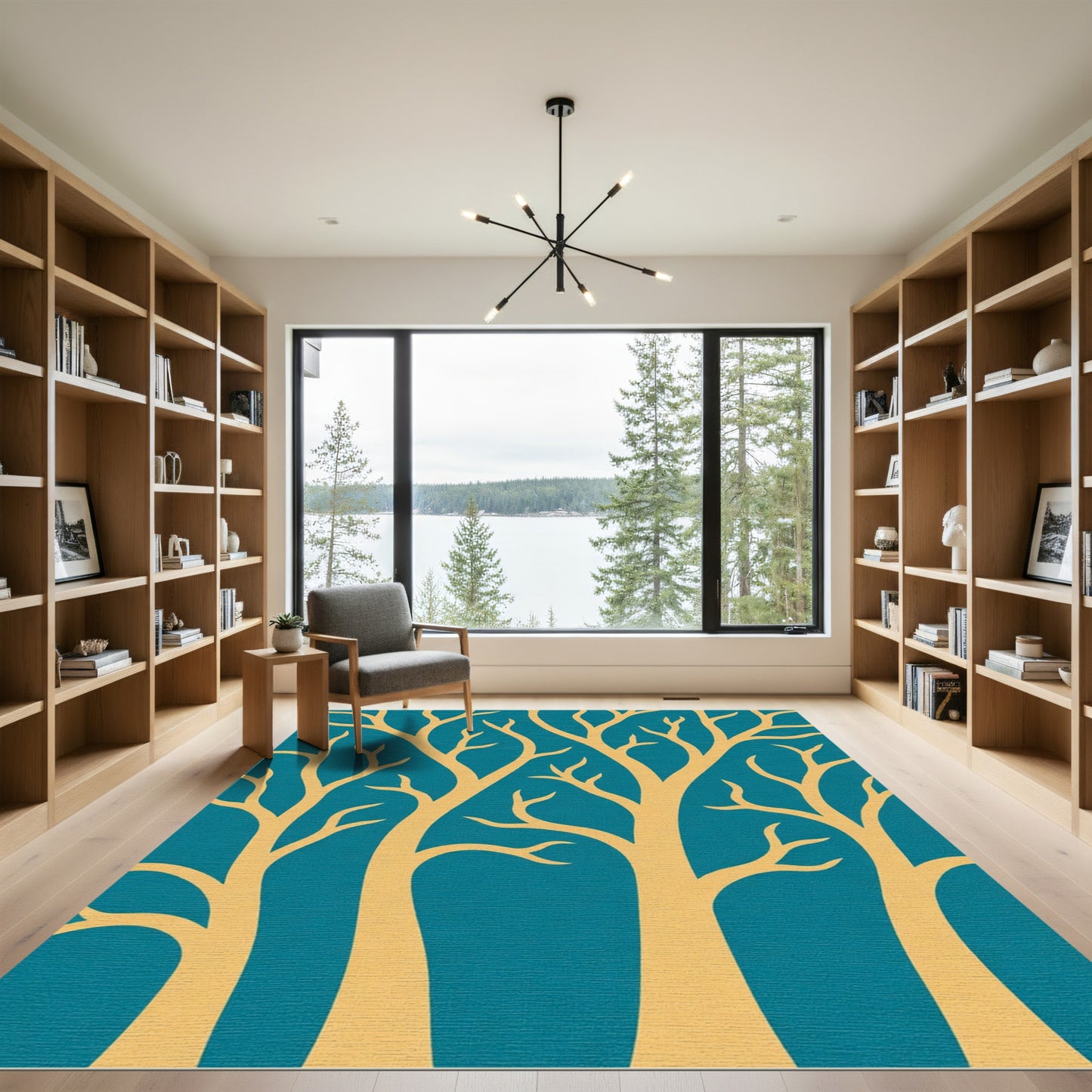 Golden Branch Trees Teal Background Rug
