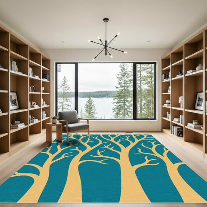 Golden Branch Trees Teal Background Rug