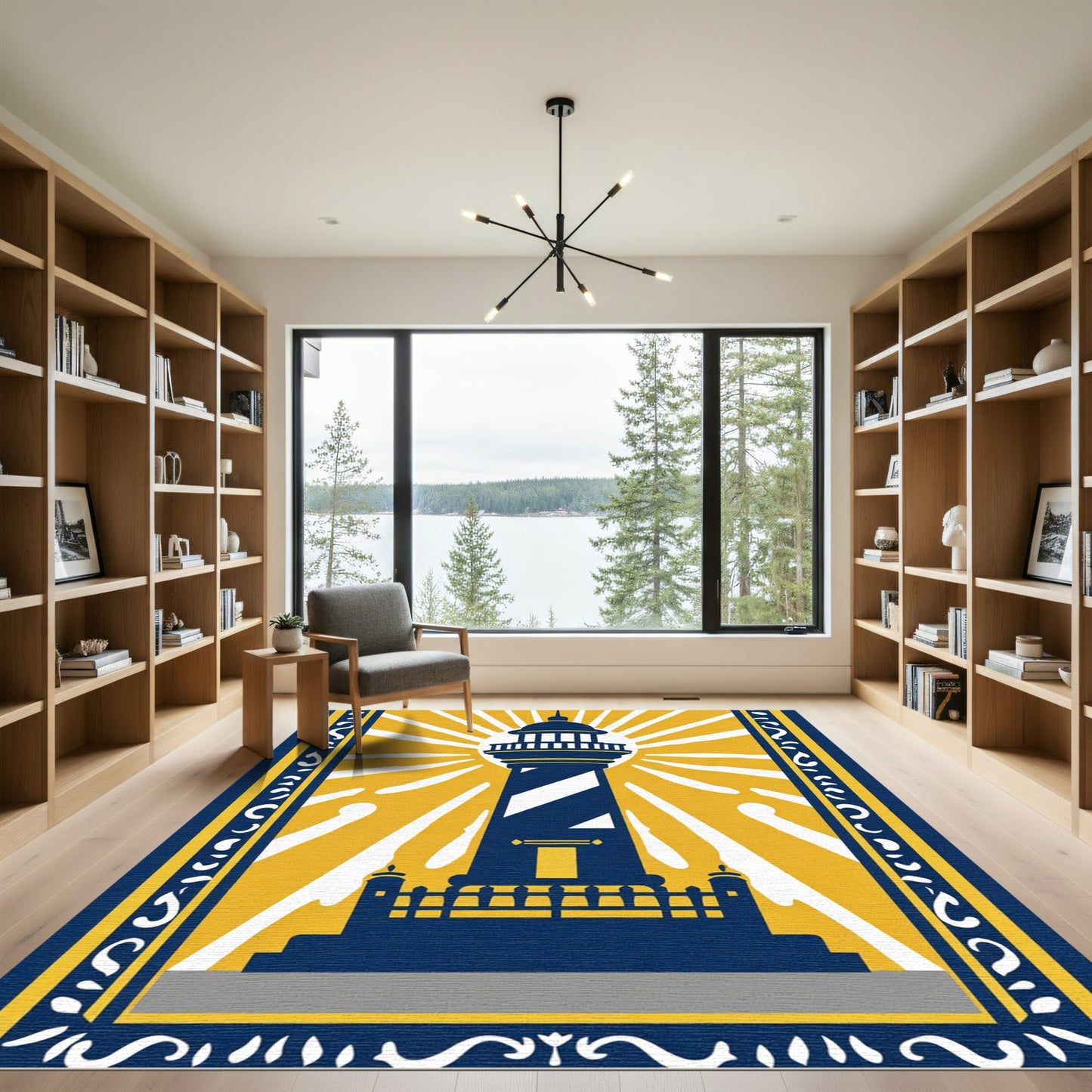 Bold Navy Blue Sunburst Lighthouse Rug