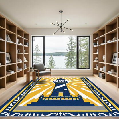 Bold Navy Blue Sunburst Lighthouse Rug