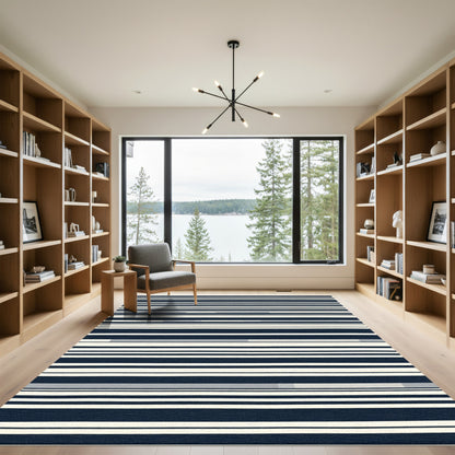 Navy Cream Horizontal Linear Rug