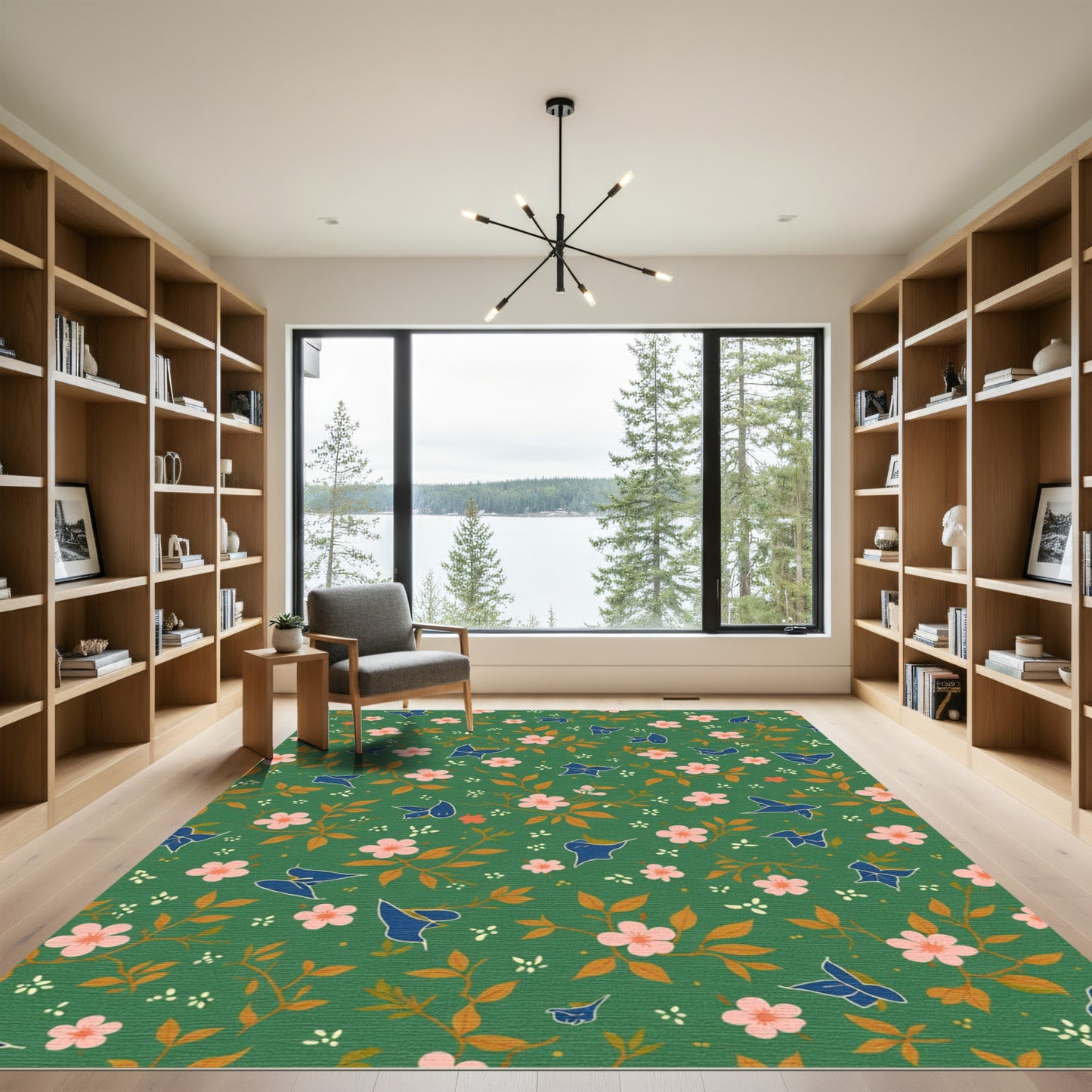 Emerald Green Floral Bird Medley Rug