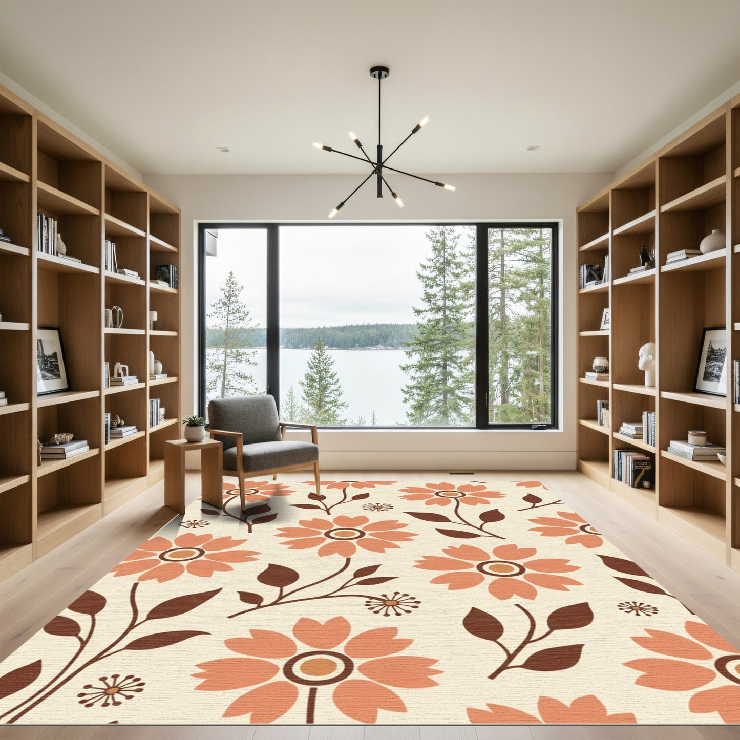 Retro Coral Flower Leaf Arrangement Rug