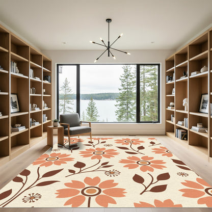 Retro Coral Flower Leaf Arrangement Rug