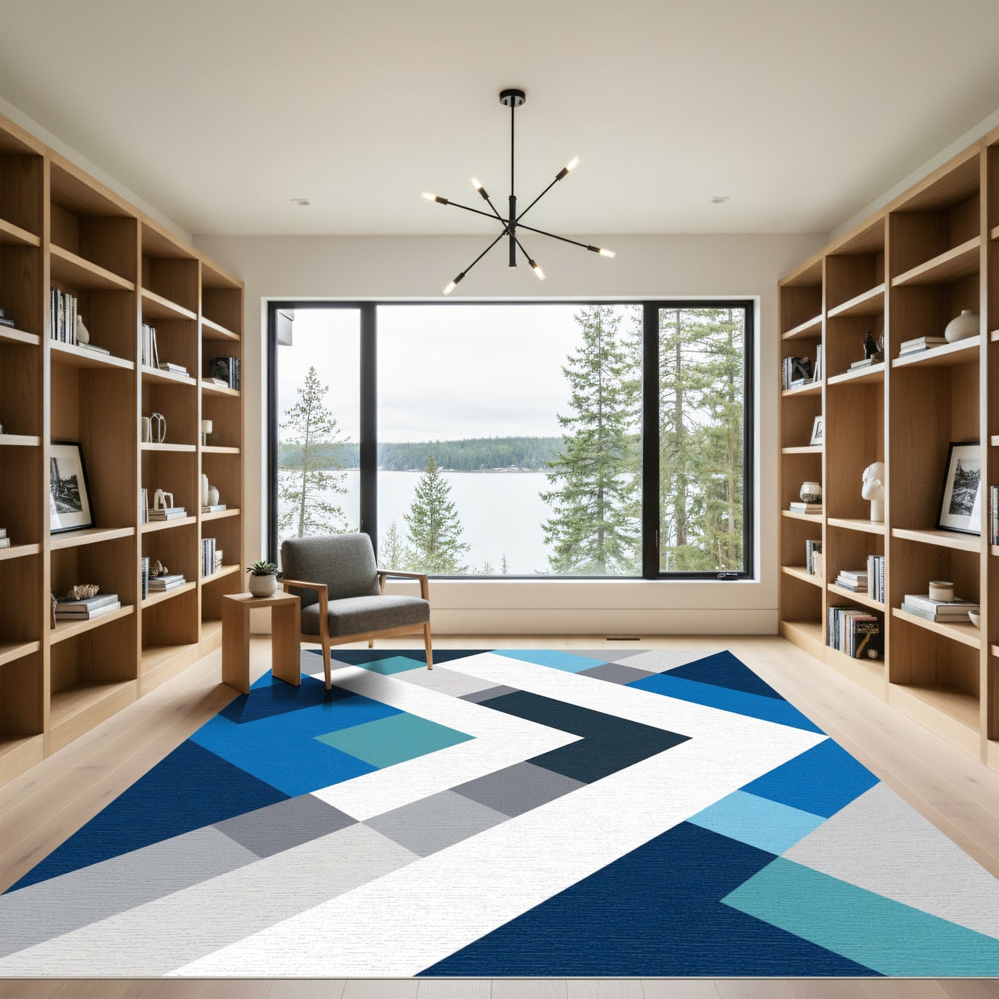 Modern Blue Geometric Chevron Rug