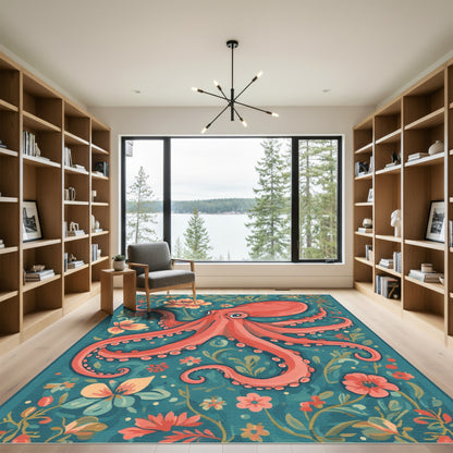 Coral Octopus Floral Garden Rug