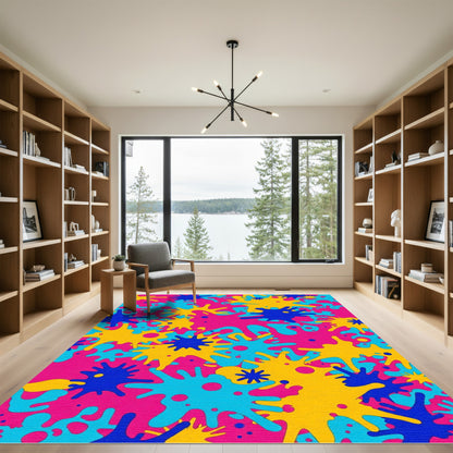 Vibrant Pink Blue Yellow Splatter Rug
