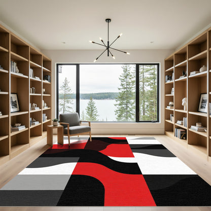 Bold Red Black White Geometric Wave Rug
