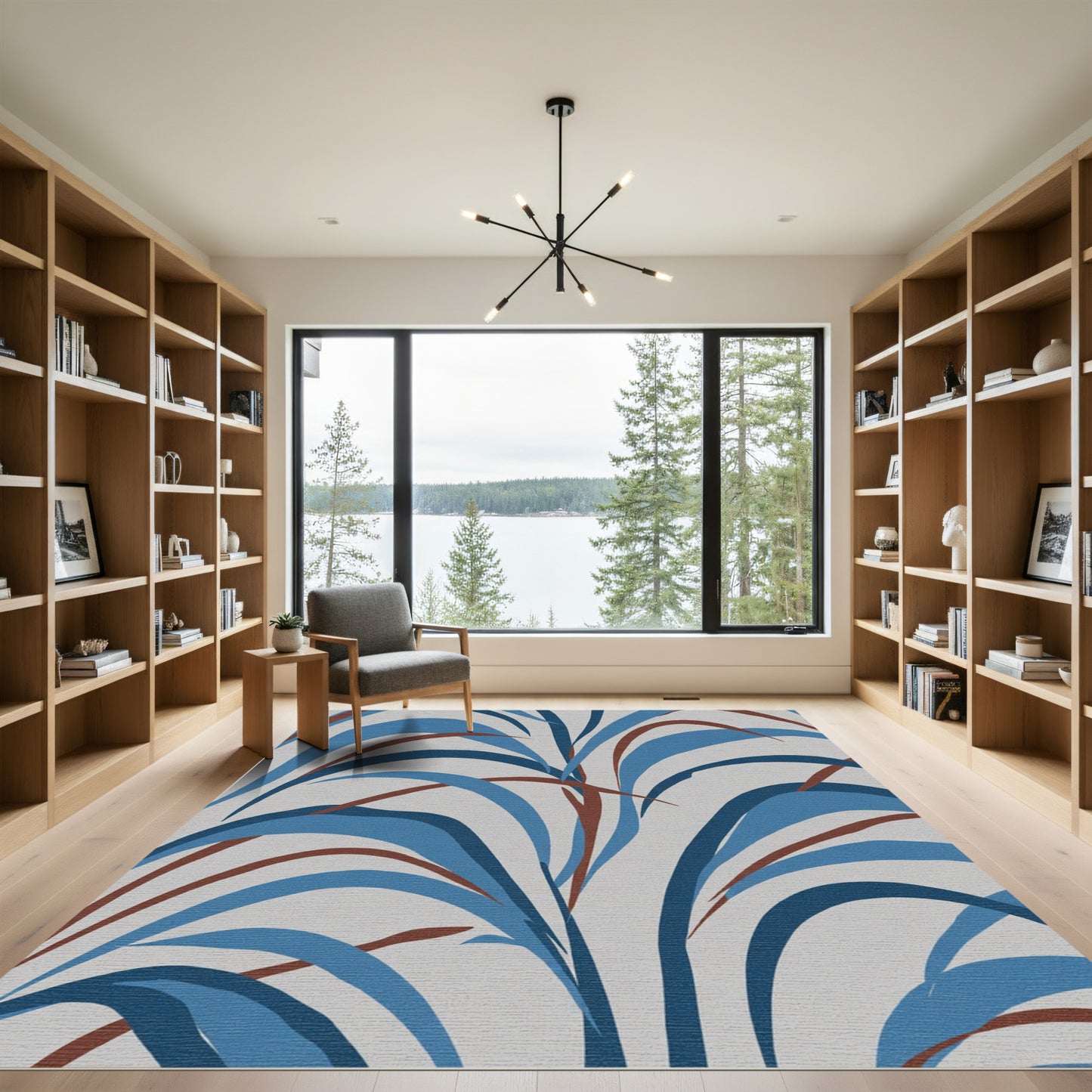 Abstract Blue Arching Leaf Pattern Rug