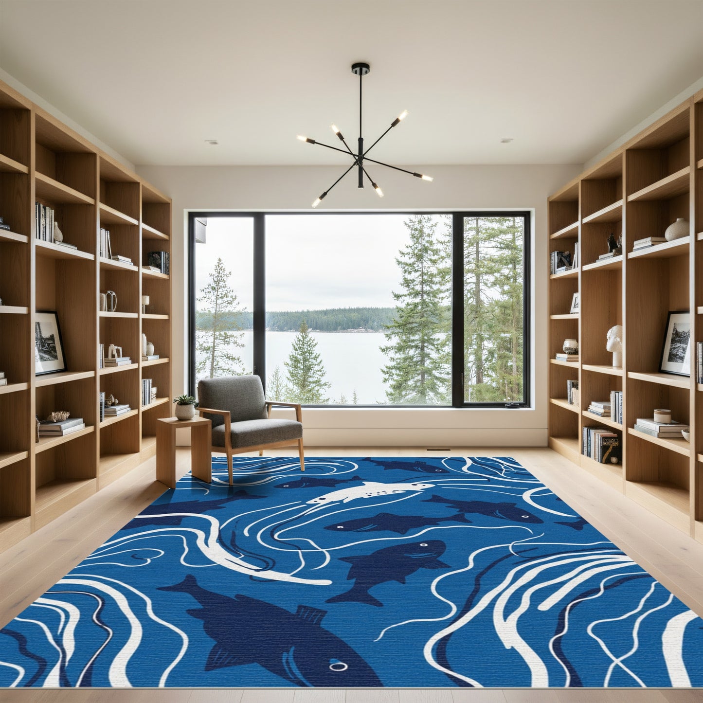 Deep Blue Aquatic Fish Swirl Rug