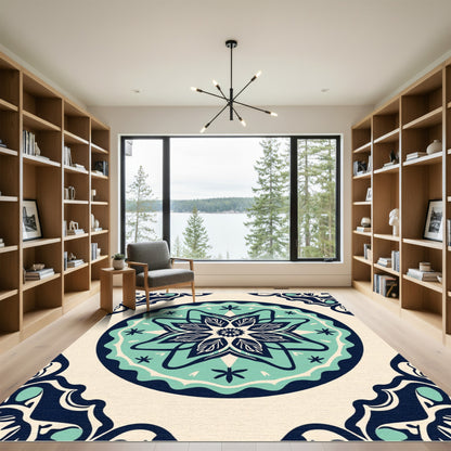 Navy Teal Cream Floral Medallion Rug