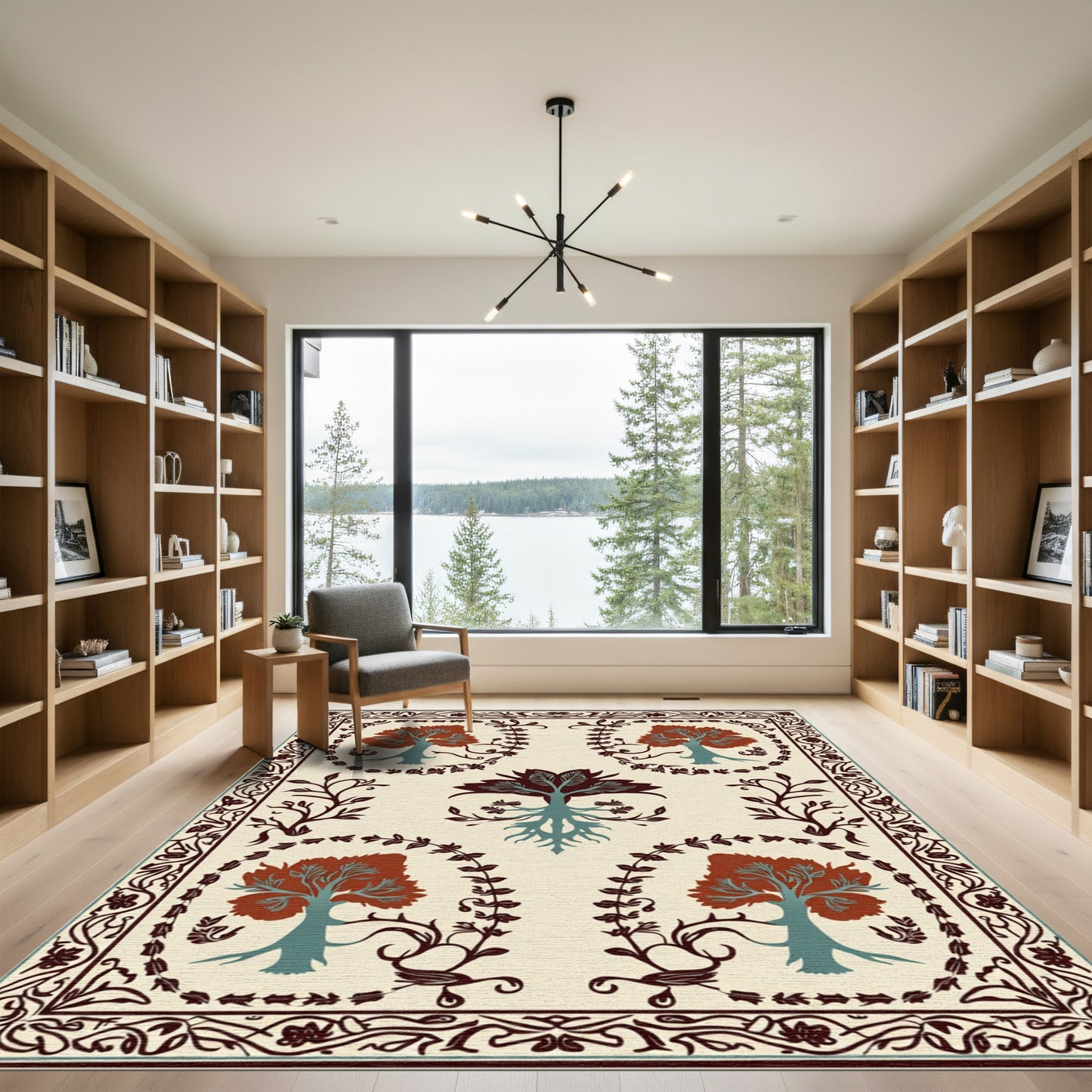 Crimson Woodland Tree Border Rug
