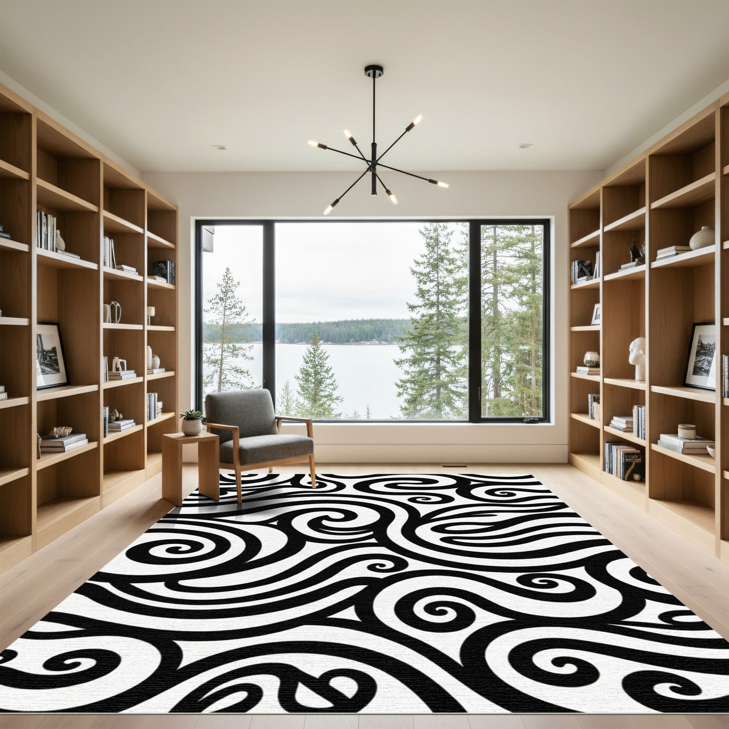Black White Swirling Organic Curves Rug