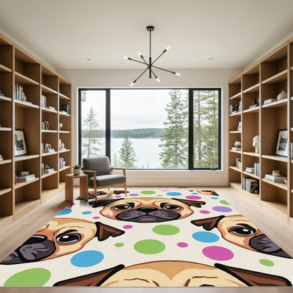 Playful Pug Heads Polka Dot Background Rug