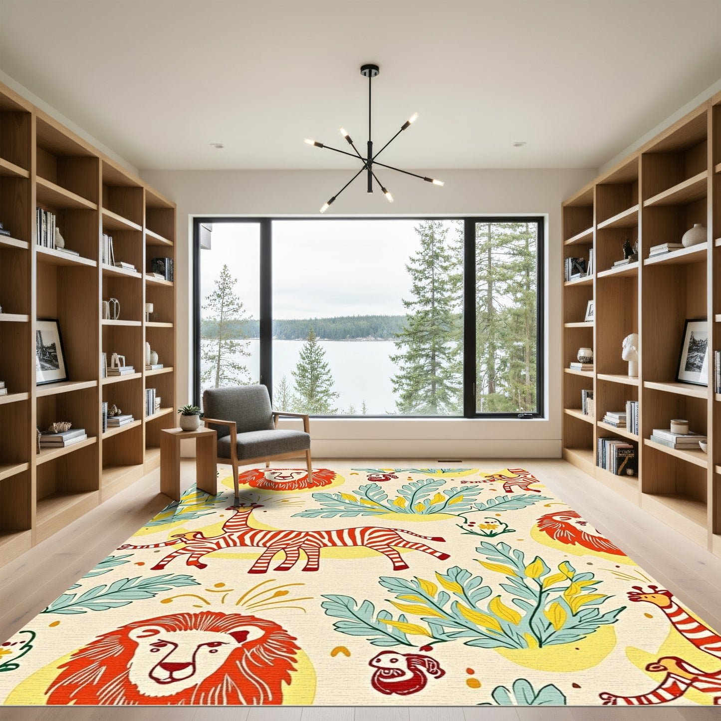 Playful Safari Animals Tropical Leaves Rug