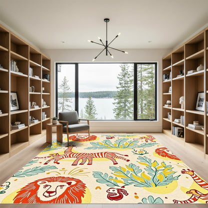 Playful Safari Animals Tropical Leaves Rug