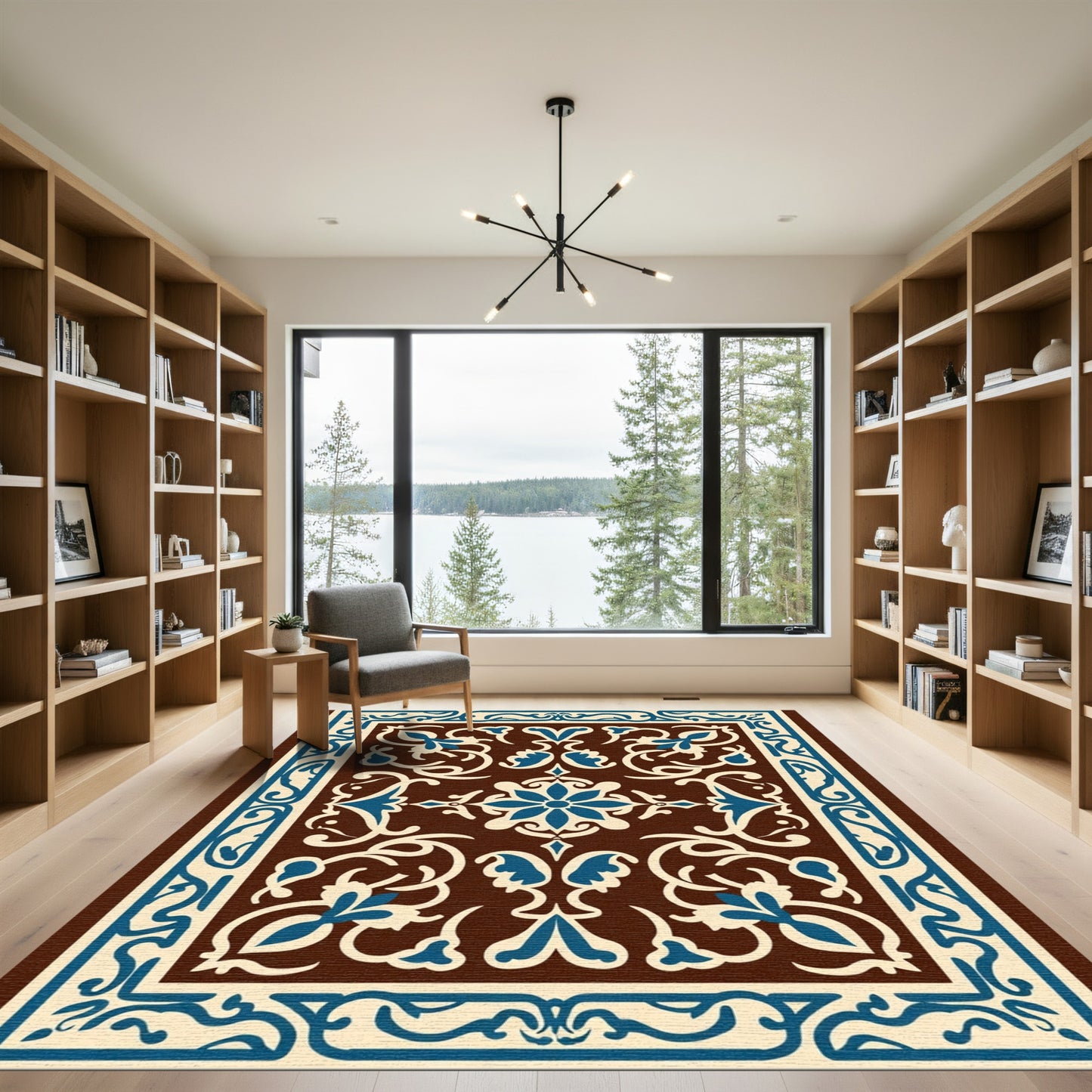 Brown Blue Floral Arabesque Medallion Rug