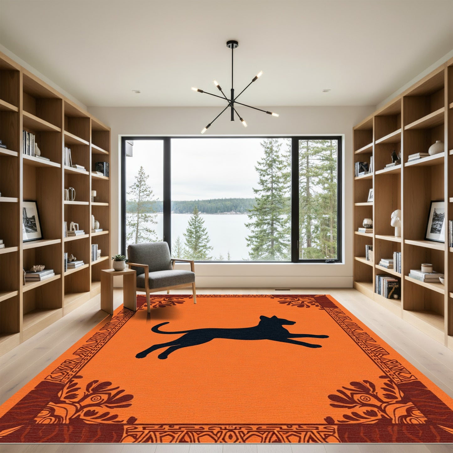 Orange Black Silhouette Jumping Cat Border Rug