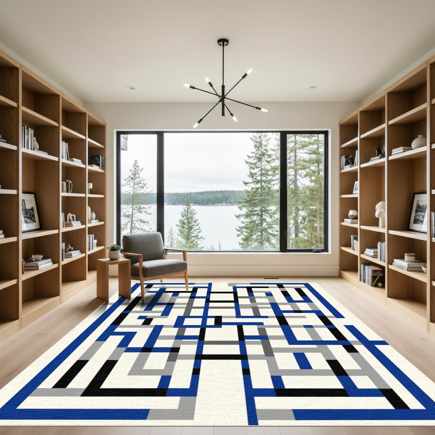 Abstract Blue Black Geometric Lines Rug