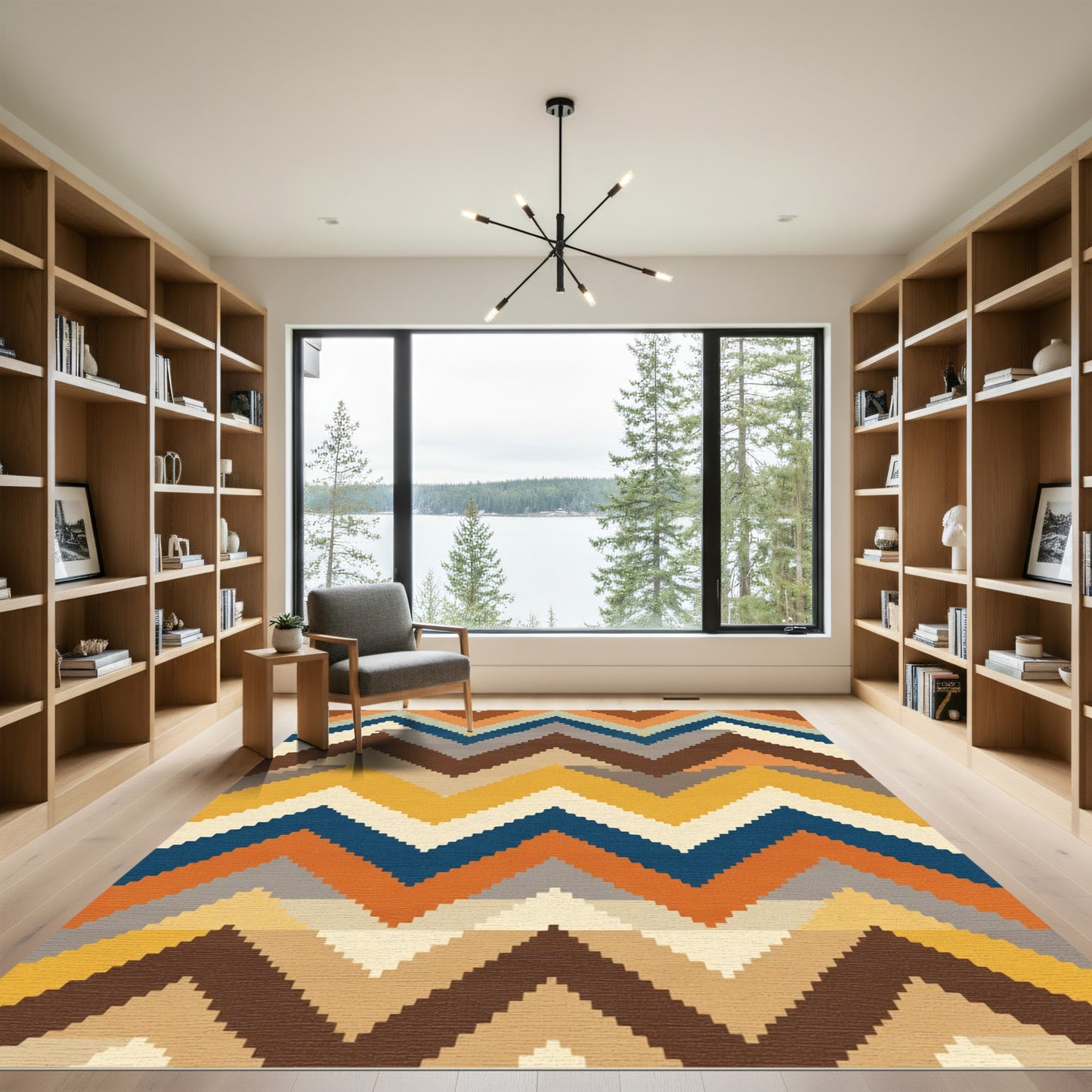 Terracotta Yellow Blue Zigzag Lines Rug