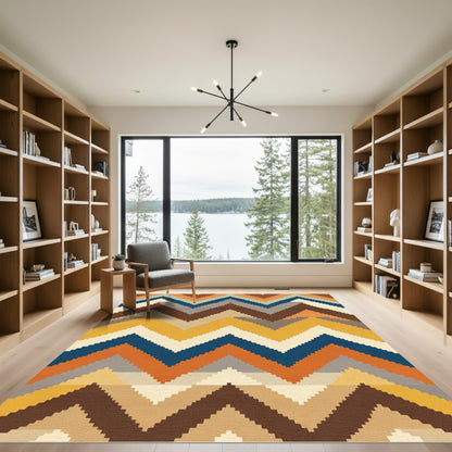 Terracotta Yellow Blue Zigzag Lines Rug