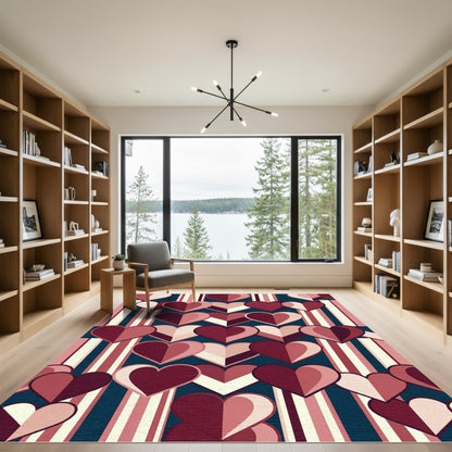 Retro Burgundy Heart Stripes Rug