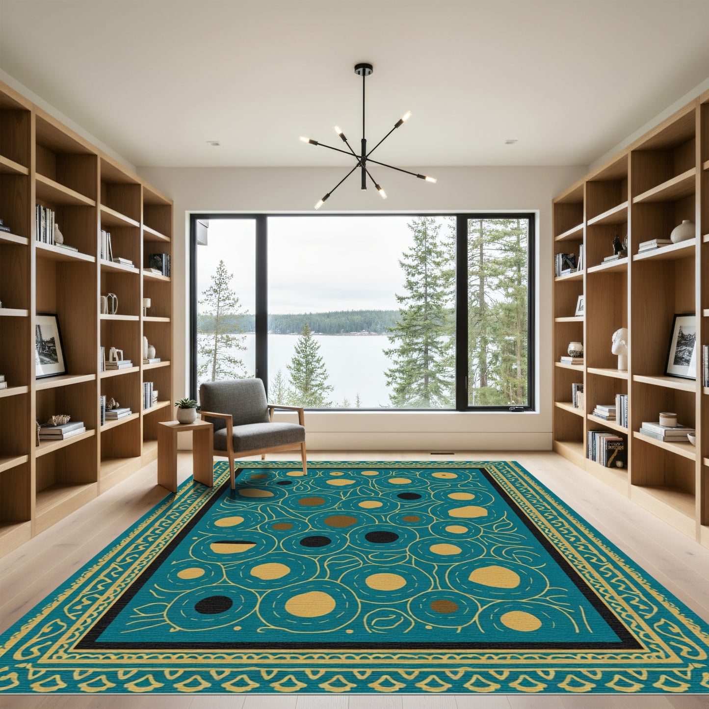 Teal Gold Contemporary Circle Cluster Rug