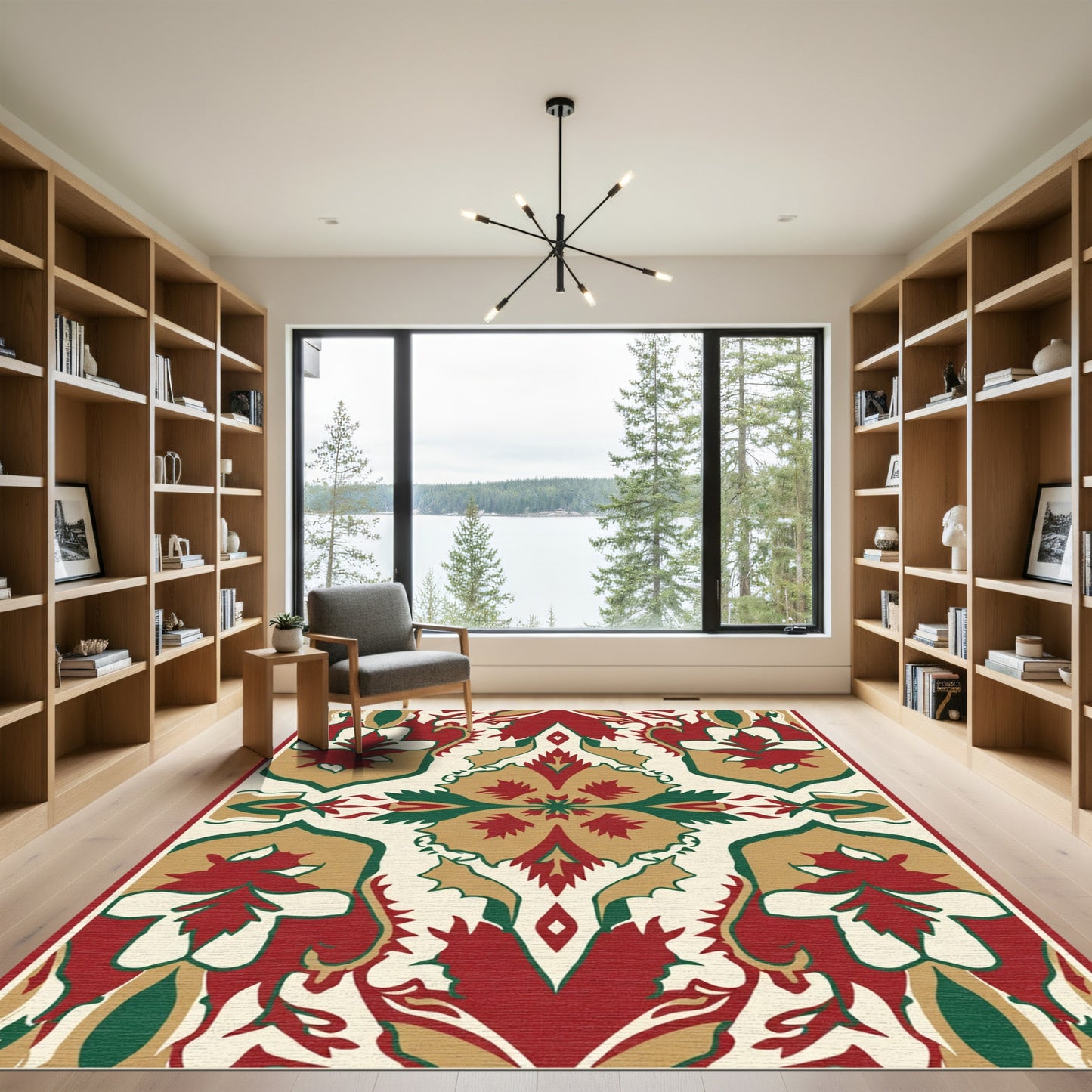 Crimson Gold Green Floral Symmetry Rug